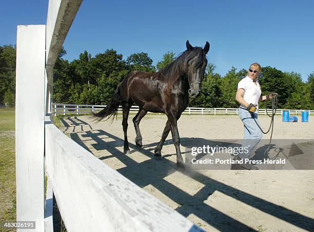 Wednesday, July 19, 2006: Cindi Spear does some groundwork with her horse "MaLynn," atwo-year-old Friesian, at the Hollis Equestrian Park. The park...