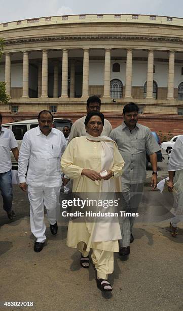 Bahujan Samaj Party Chief Mayawati after attending the Parliament Monsoon Session on August 5, 2015 in New Delhi, India. Congress and some opposition...