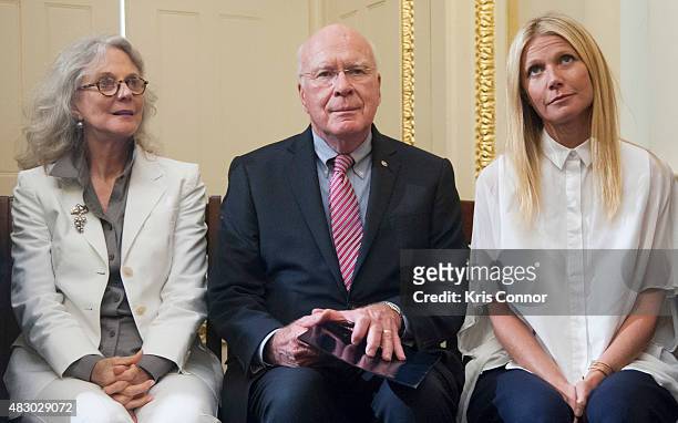 Senator Patrick Leahy, with actresses Blythe Danner and her daughter Gwyneth Paltrow speak during a news conference to discuss opposition to H.R....