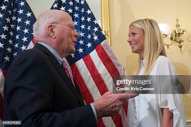 Senator Patrick Leahy and actress Gwyneth Paltrow speak during a news conference to discuss opposition to H.R. 1599 on August 5, 2015 in Washington,...