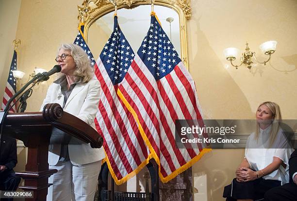 Actresses Blythe Danner and her daughter Gwyneth Paltrow speak during a news conference to discuss opposition to H.R. 1599 on August 5, 2015 in...