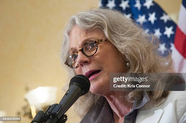 Actress Blythe Danner speaks during a news conference to discuss opposition to H.R. 1599 on August 5, 2015 in Washington, DC. H.R.1599, known as the...
