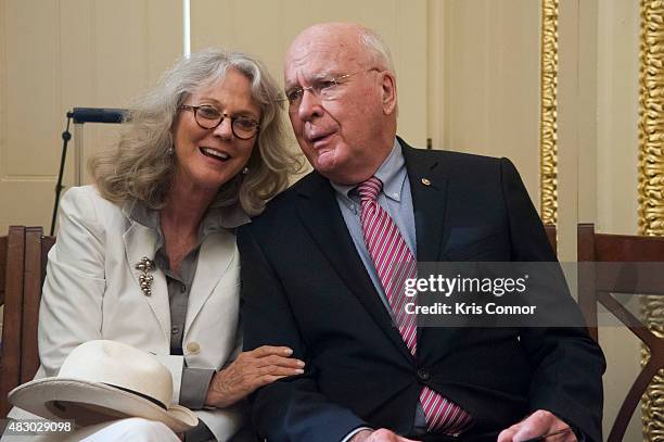 Actress Blythe Danner and Sen. Patrick Leahy speak during a news conference to discuss opposition to H.R. 1599 on August 5, 2015 in Washington, DC....