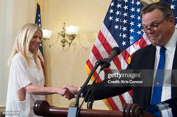 Actress Gwyneth Paltrow and Sen. Jon Tester speak during a news conference to discuss opposition to H.R. 1599 on August 5, 2015 in Washington, DC....