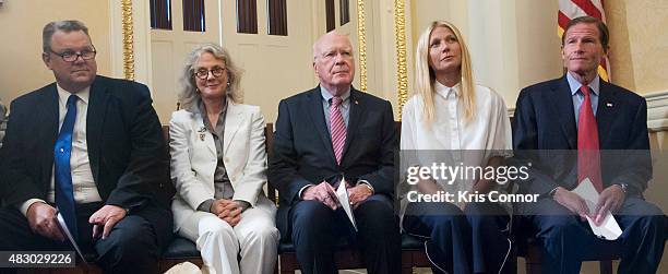 Senator Jon Tester,Sen. Patrick Leahy, and Sen. Richard Blumenthal with actresses Blythe Danner and her daughter Gwyneth Paltrow speak during a news...