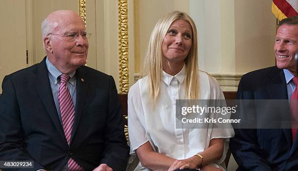 Senator Patrick Leahy and actress Gwyneth Paltrow speak during a news conference to discuss opposition to H.R. 1599 on August 5, 2015 in Washington,...