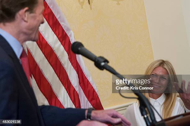 Senator Richard Blumenthal and Gwyneth Paltrow speak during a news conference to discuss opposition to H.R. 1599 on August 5, 2015 in Washington, DC....