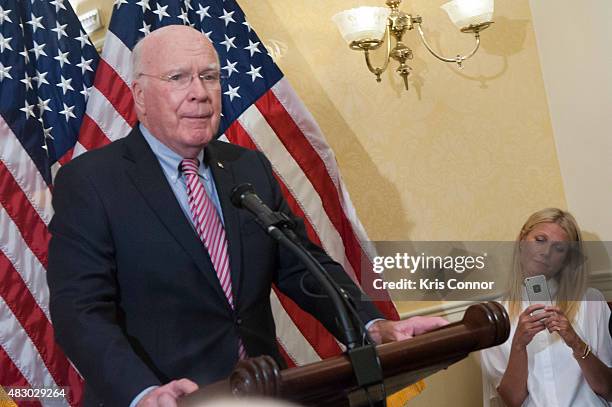 Senator Patrick Leahy and actress Gwyneth Paltrow speak during a news conference to discuss opposition to H.R. 1599 on August 5, 2015 in Washington,...