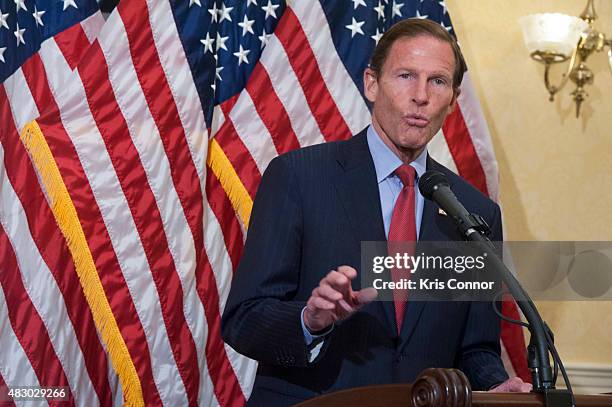 Senator Richard Blumenthal speaks during a news conference to discuss opposition to H.R. 1599 on August 5, 2015 in Washington, DC. H.R.1599, known as...