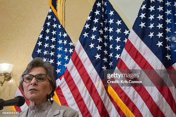 Seantor Barbara Boxer speaks during a news conference to discuss opposition to H.R. 1599 on August 5, 2015 in Washington, DC. H.R.1599, known as the...