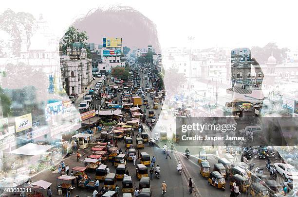 double exposure of man and cityscape - india technology stock pictures, royalty-free photos & images