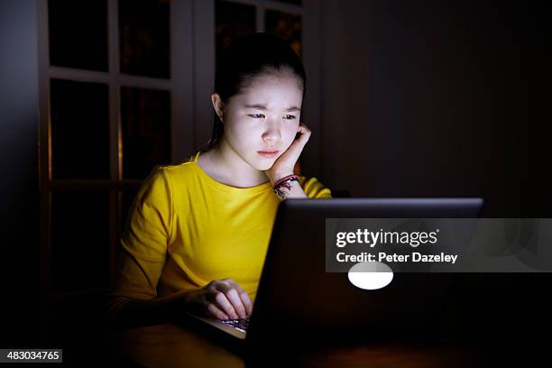 serious teenager online late at night - one girl only stock pictures, royalty-free photos & images