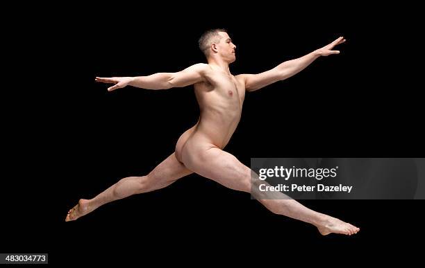 male ballet dancer jumping, nude, side view - nudity bildbanksfoton och bilder