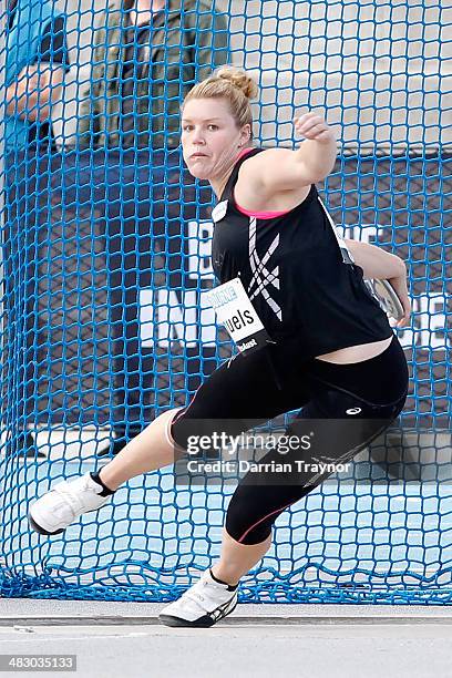 Dani Samuels competes in the womens's discus during the 92nd Australian Athletics Championships on April 6, 2014 in Melbourne, Australia.
