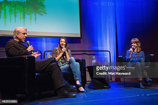 Songwriter, drummer, producer Bill Rieflin, musician Hollis Wong-Wear and producer/host of "Art Zone" Nancy Guppy speak on stage during the Pacific...