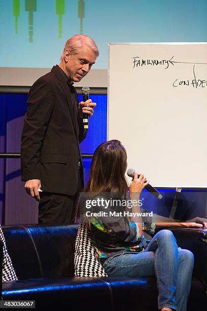 Songwriter, drummer, producer Bill Rieflin and musician Hollis Wong-Wear speak on stage during the Pacific Northwest Songwriter's Summit at...