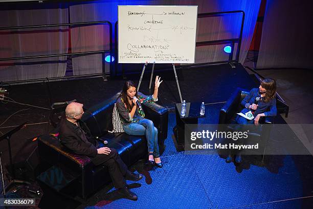 Songwriter, drummer, producer Bill Rieflin, musician Hollis Wong-Wear and producer/host of "Art Zone" Nancy Guppy speak on stage during the Pacific...