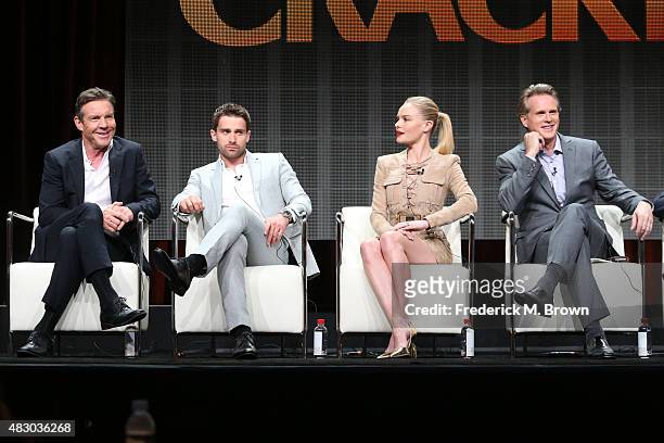 Actors Dennis Quaid, Christian Cooke, Kate Bosworth and Cary Elwes speak onstage during 'The Art of More' panel discussion at the Crackle portion of...