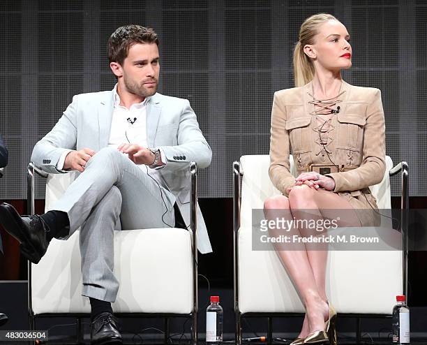 Actors Christian Cooke and Kate Bosworth speak onstage during 'The Art of More' panel discussion at the Crackle portion of the 2015 Summer TCA Tour...