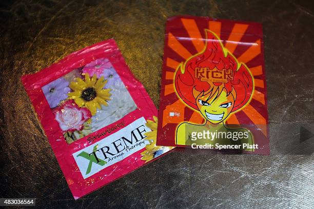 In this photo illustration, packets of K2 or "spice", a synthetic marijuana drug, are seen in East Harlem on August 5, 2015 in New York City. New...