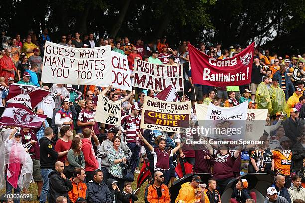 Sea Eagles fans show their colours during the round five NRL match between the Wests Tigers and the Manly-Warringah Sea Eagles at Leichhardt Oval on...