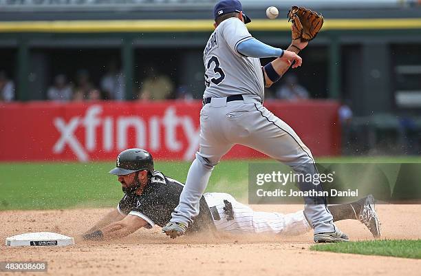 Adam Eaton of the Chicago White Sox steals second base in the 10th inning as Asdrubal Cabrera of the Tampa Bay Rays is hit in the head with the ball...