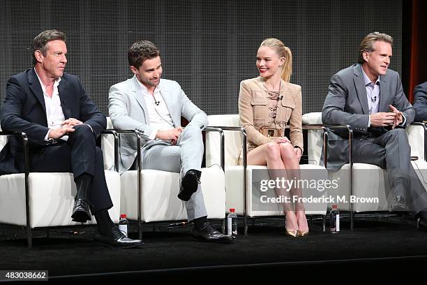 Actors Dennis Quaid, Christian Cooke, Kate Bosworth and Cary Elwes speak onstage during 'The Art of More' panel discussion at the Crackle portion of...