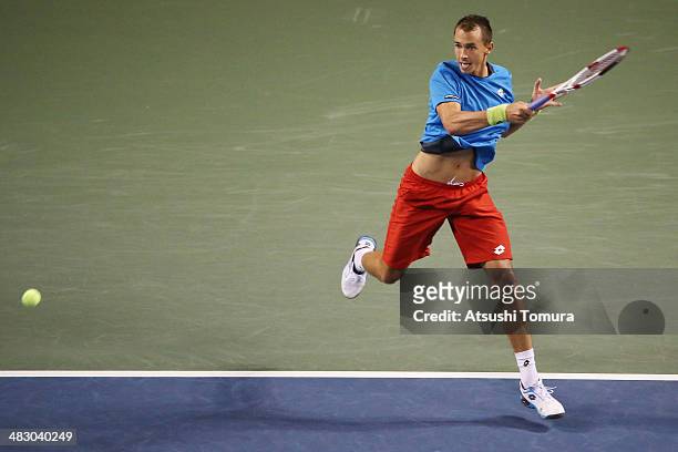 Lukas Rosol of the Czech Republic plays a forehand during his match against Yasutaka Uchiyama of Japan during day three of the Davis Cup World Group...