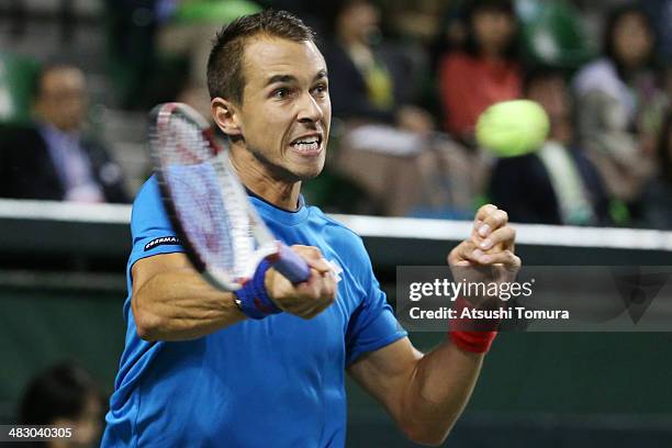 Lukas Rosol of the Czech Republic plays a forehand during his match against Yasutaka Uchiyama of Japan during day three of the Davis Cup World Group...