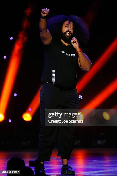 Reggie Watts performs onstage at the KROQ 106.7 FM Kevin & Bean's April Foolishness 2014 at The Shrine Auditorium on April 5, 2014 in Los Angeles,...