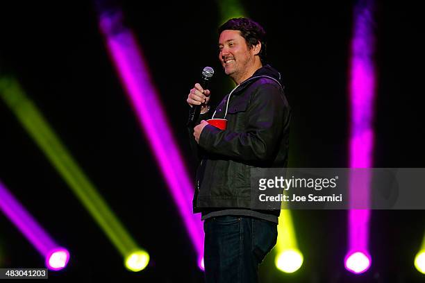 Doug Benson performs onstage at the KROQ 106.7 FM Kevin & Bean's April Foolishness 2014 at The Shrine Auditorium on April 5, 2014 in Los Angeles,...