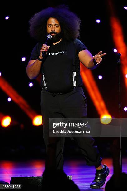 Reggie Watts performs onstage at the KROQ 106.7 FM Kevin & Bean's April Foolishness 2014 at The Shrine Auditorium on April 5, 2014 in Los Angeles,...