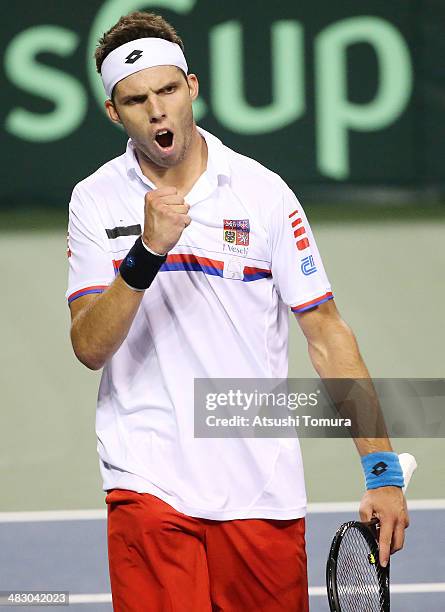 Jiri Vesely of the Czech Republic reacts in his match against Taro Daniel of Japan during day three of the Davis Cup World Group Quarter Final match...