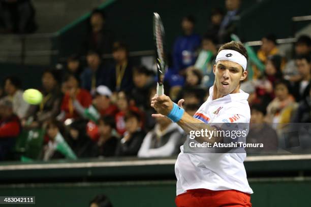 Jiri Vesely of the Czech Republic plays a forehand during his match against Taro Daniel of Japan during day three of the Davis Cup World Group...