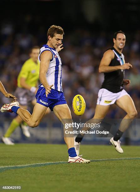 Shaun Atley of the Kangaroos kicks the ball during the round three AFL match between the North Melbourne Kangaroos and the Port Adelaide Power at...