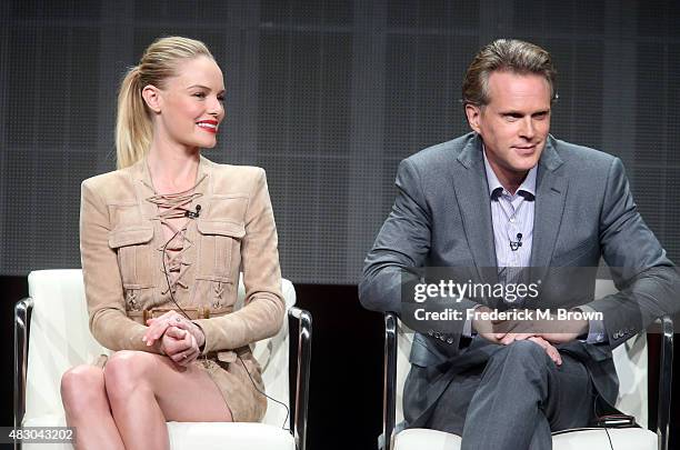 Actors Kate Bosworth and Cary Elwes speak onstage during 'The Art of More' panel discussion at the Crackle portion of the 2015 Summer TCA Tour at The...