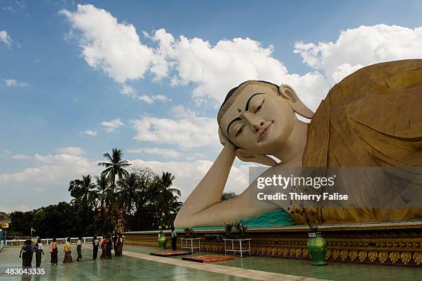 The Mya Thar Lyaung reclining Buddha measuring 82 meters was built in Bago in the early 2000s. It's one of the rare giant Buddha statues located...