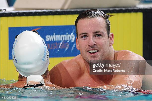 James Magnussen smiles after he won a swim-off against Matthew Abood during the 2014 Australian Swimming Championships at Brisbane Aquatic Centre on...