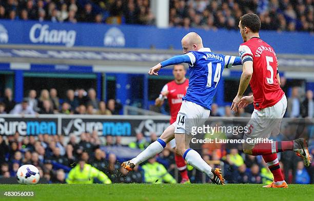 Steven Naismith of Everton scores the first goal during the Barclays Premier League match between Everton and Arsenal at Goodison Park on April 6,...