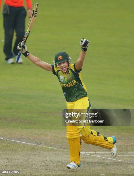 Ellyse Perry of Australia celebrates after hitting the winning runs to win the Final of the ICC Women's World Twenty20 Bangladesh 2014 between...