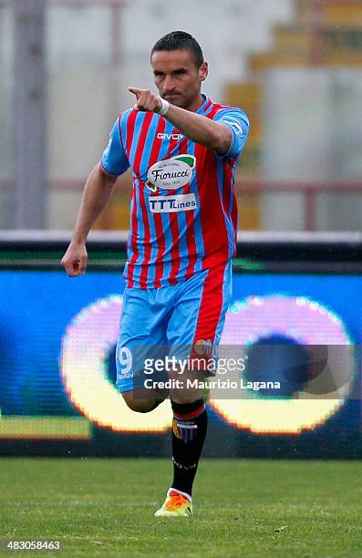 Gonzalo Bergessio of Catania celebrates after scoring the opening goal during the Serie A match between Calcio Catania and Torino FC at Stadio Angelo...