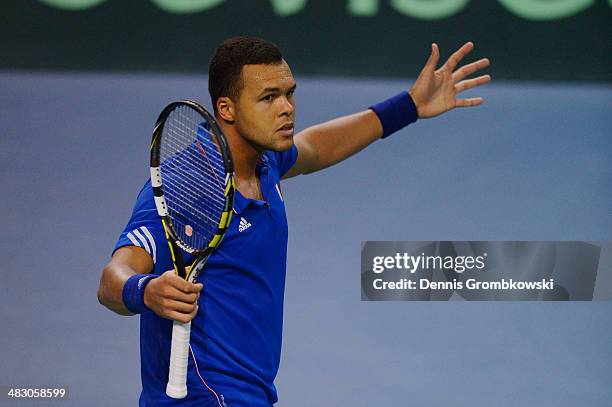 Jo-Wilfried Tsonga of France celebrates after his match against Tobias Kamke of Germany during day 3 of the Davis Cup Quarter Final match between...