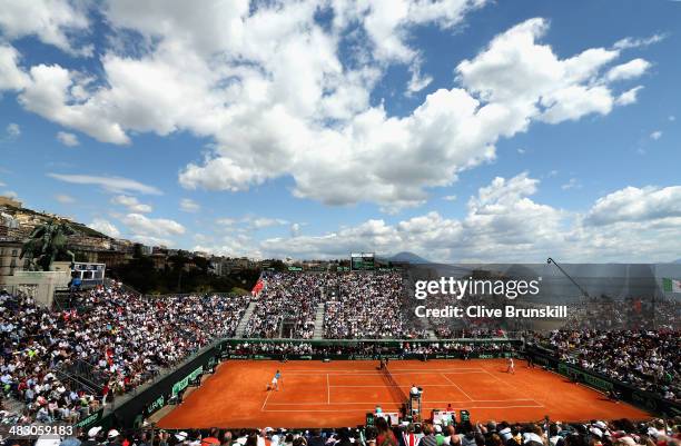 General view of the court a Tennis Club Napoli showing Andy Murray of Great Britain during his straight sets defeat in the fourth rubber by Fabio...