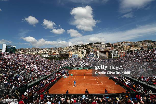 General view of the court a Tennis Club Napoli showing Andy Murray of Great Britain during his straight sets defeat in the fourth rubber by Fabio...