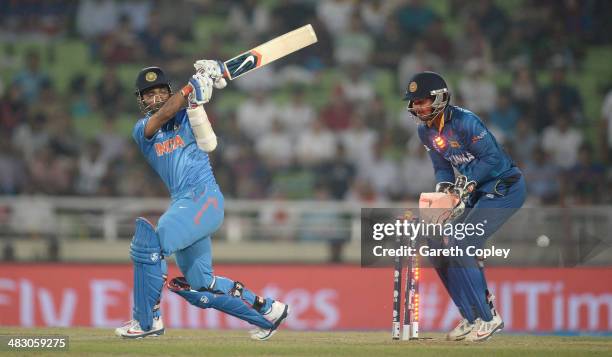 Ajinkya Rahane of India is bowled by Angelo Mathews of Sri Lanka during the ICC World Twenty20 Bangladesh 2014 Final between India and Sri Lanka at...