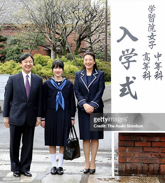 Crown Prince Naruhito, Princess Aiko and Crown Princess Masako pose for photographs prior to the Gakushiun Girls' Junior High School Welcome Ceremony...