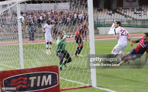 Mattia Destro of Roma scores the opening goal during the Serie A match between Cagliari Calcio and AS Roma at Stadio Sant'Elia on April 6, 2014 in...