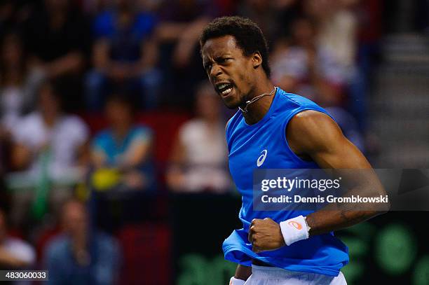 Gael Monfils of France celebrates during his match against Peter Gojowczyk of Germany during day 3 of the Davis Cup Quarter Final match between...