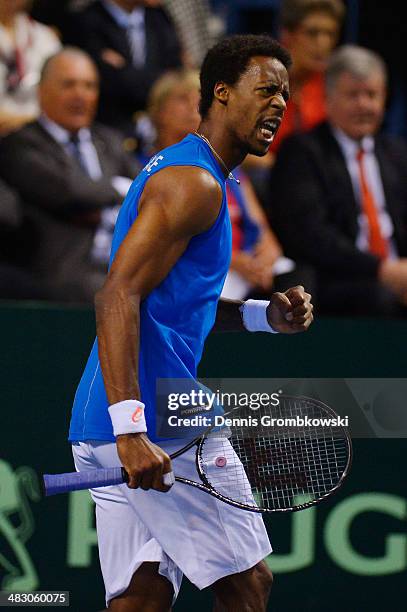 Gael Monfils of France celebrates during his match against Peter Gojowczyk of Germany during day 3 of the Davis Cup Quarter Final match between...