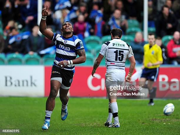 Semesa Rokoduguni of Bath celebrates scoring his side's third try during the Amlin Challenge Cup quarter final match between Bath and Brive at the...